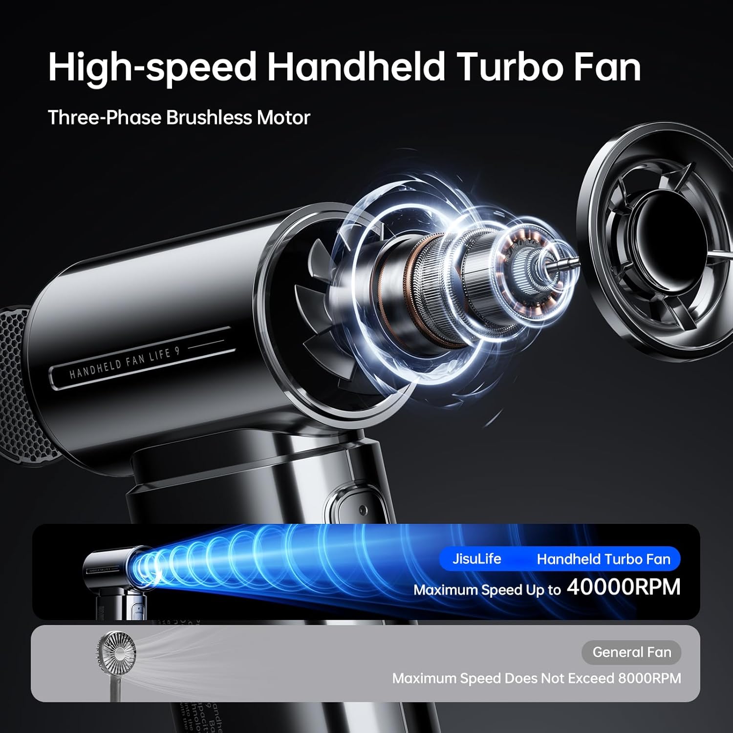 Detalle de JISULIFE Life9 Portable Handheld Fan — Turbo Power Mini Personal Fan for Travel (Chrome)