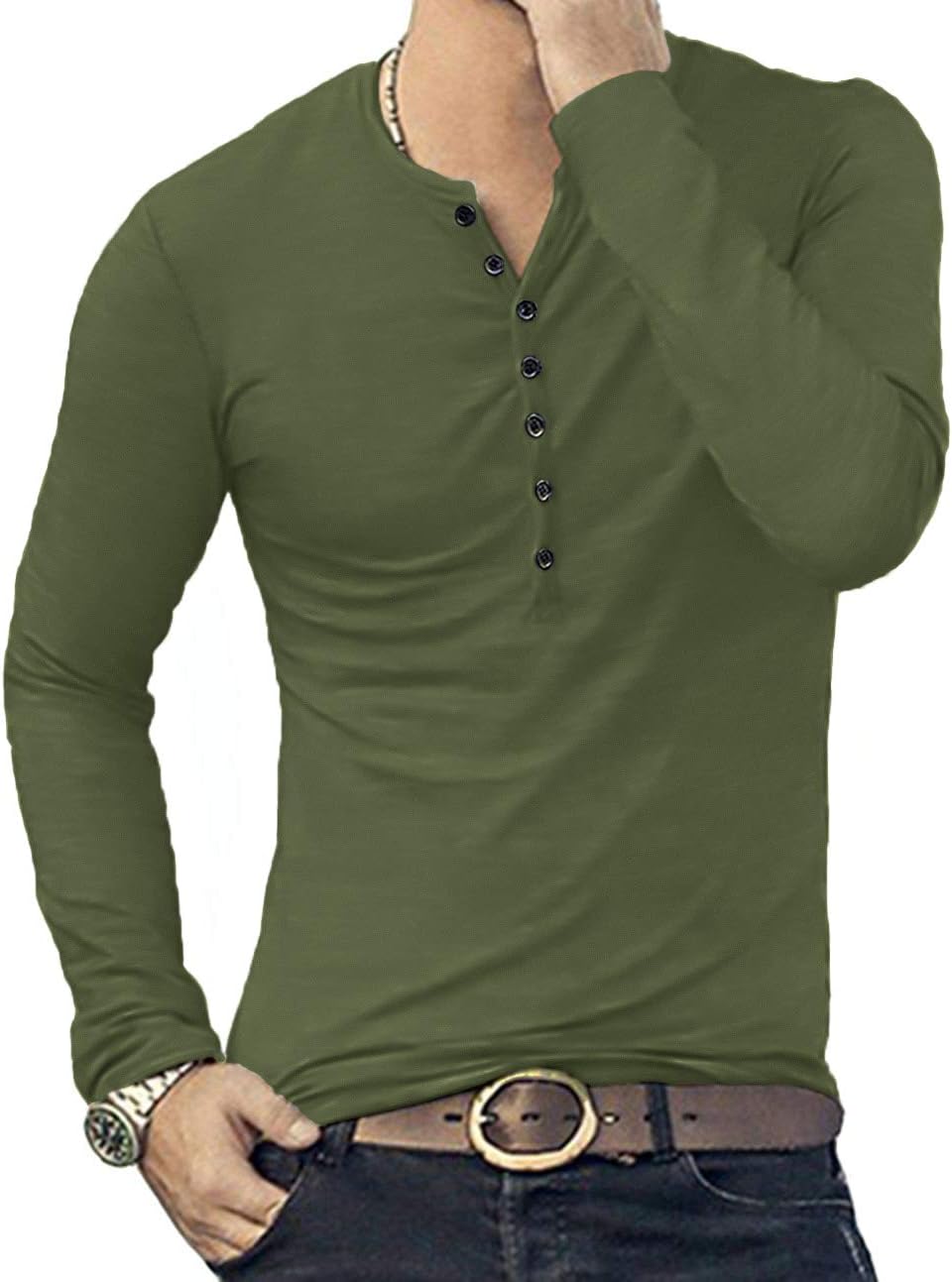 Detalle de KUYIGO Mens Cotton Slim Fit Henley Shirt with 7-Button Long Sleeve