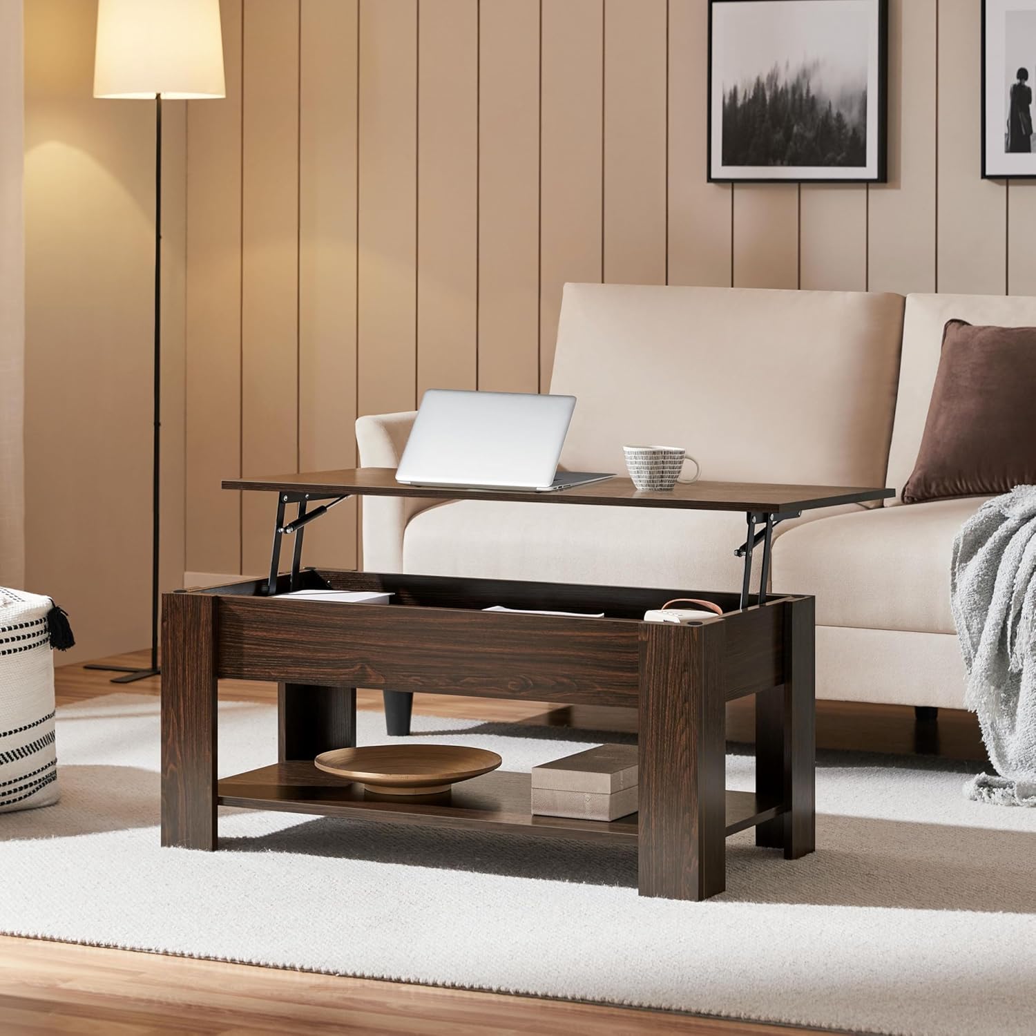 Detalle de Yaheetech Espresso Lift-Top Coffee Table with Storage, 98cm