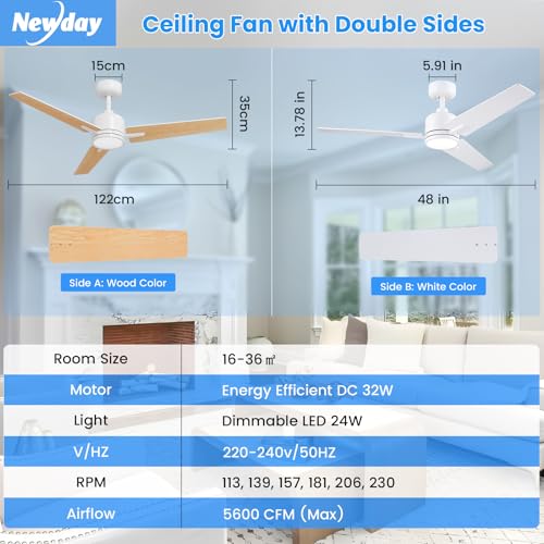 Thumbnail 7 de Newday 122cm Ventilador de Techo Blanco y Madera con Luz y Mando: control total y variantes de color