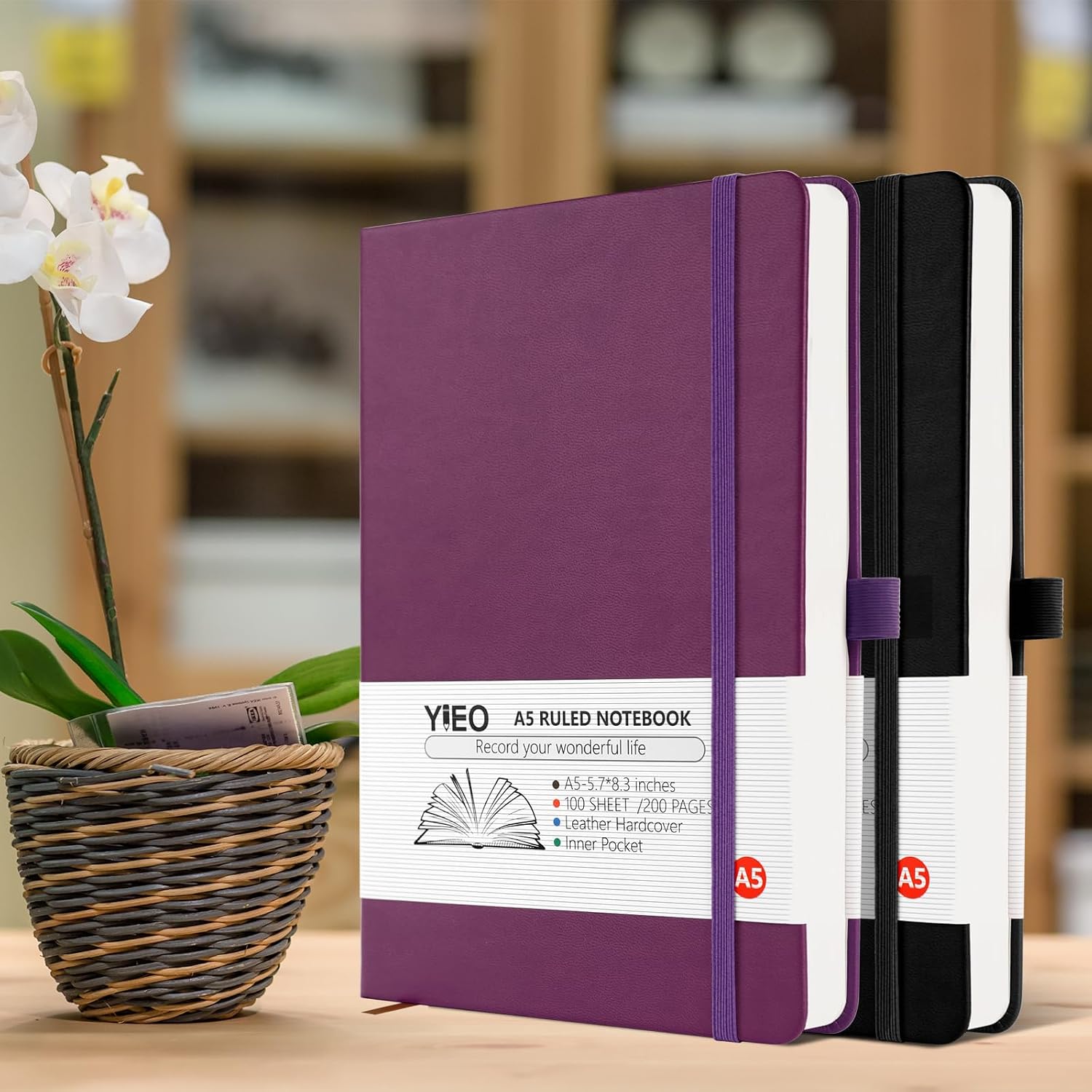 Thumbnail 6 de YIEO A5 Hardback Journal Notebook 2-Pack (PU leather covers, lined pages, bookmark & pen loop)