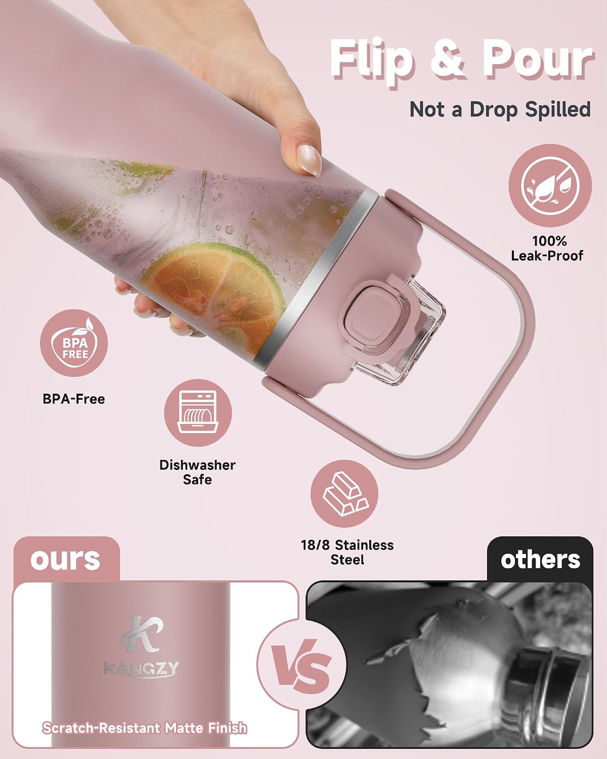 Detalle de KANGZY 1L/32oz Metal Water Bottle with Straw & Spout Lid – Vacuum Insulated Stainless Steel Flask (Pink)