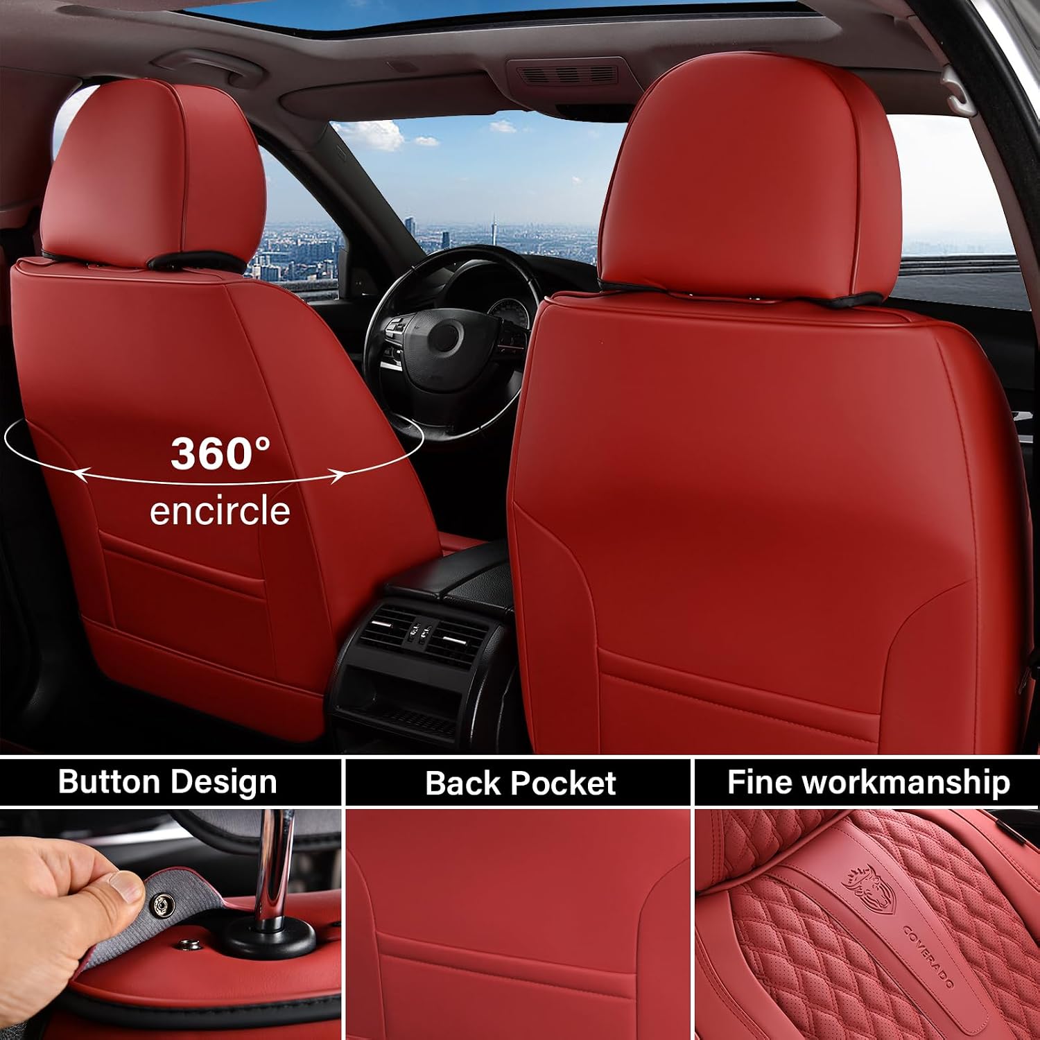 Detalle de Coverado Car Seat Covers Full Set with Red Nappa Leather, Lumbar Support & Universal Fit