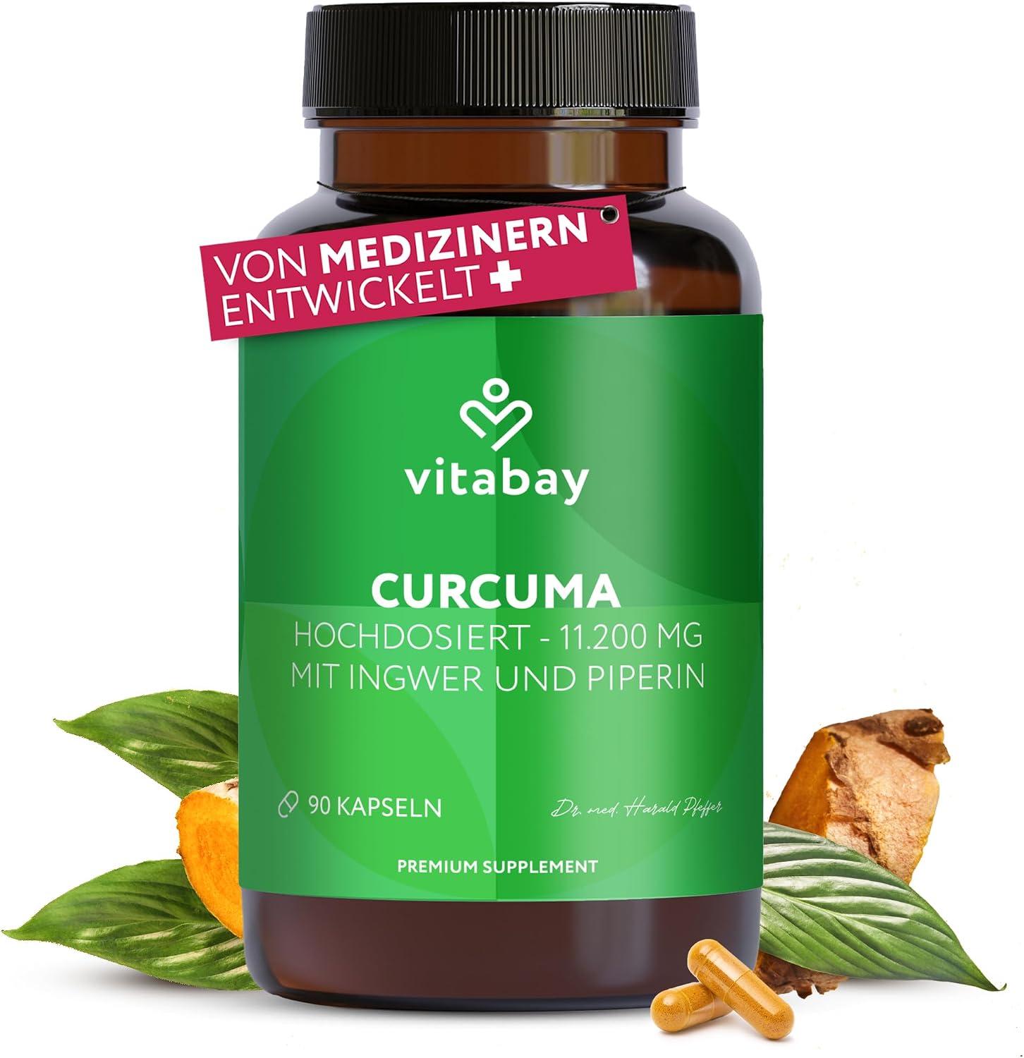 Detalle de Vitabay Kurkuma Kapseln hochdosiert – 90 vegane Kapseln mit Kurkuma-Extrakt (365 mg pro Kapsel)