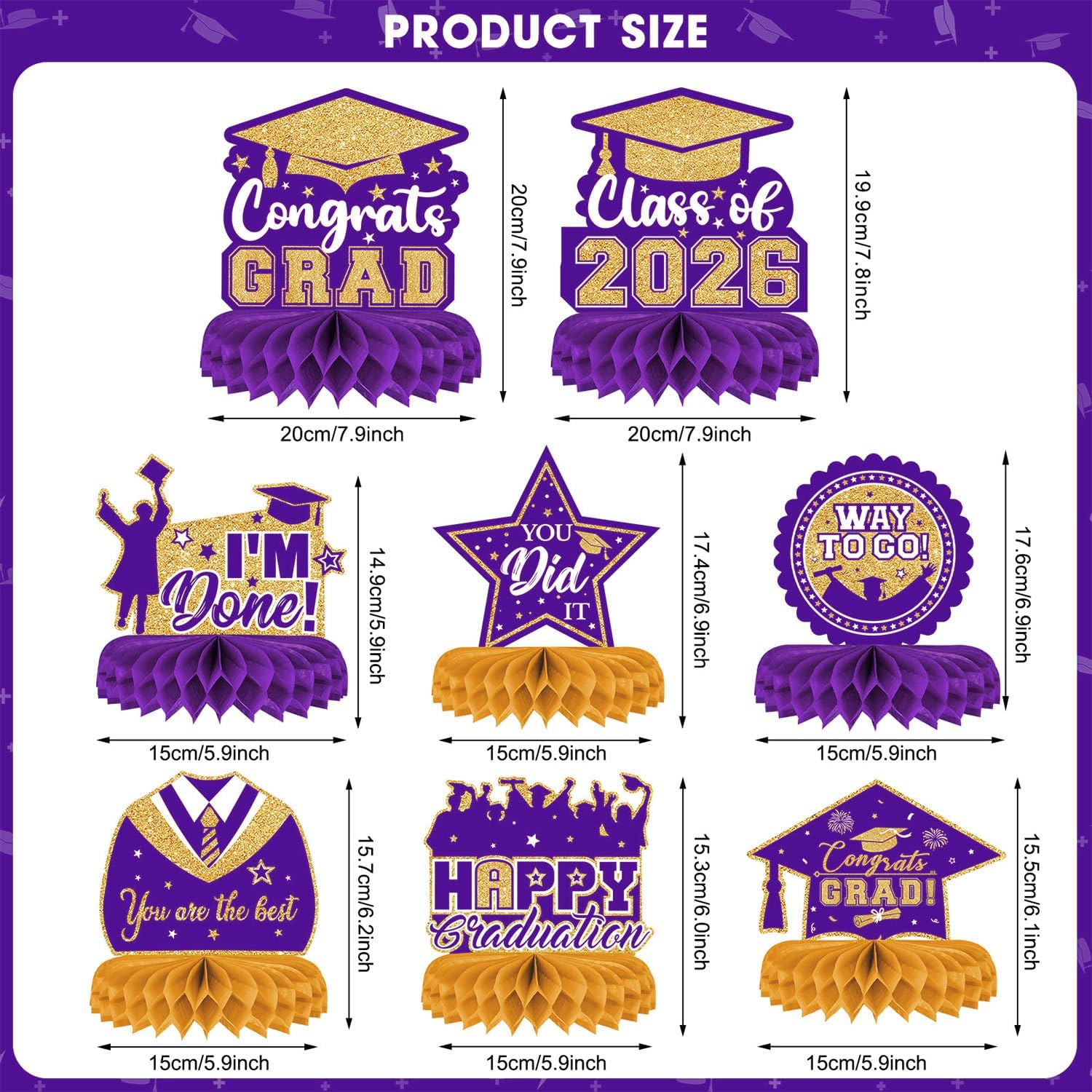 Thumbnail 2 de 8 Pieces Class of 2026 Graduation Table Decorations – Purple and Gold Honeycomb Centerpieces