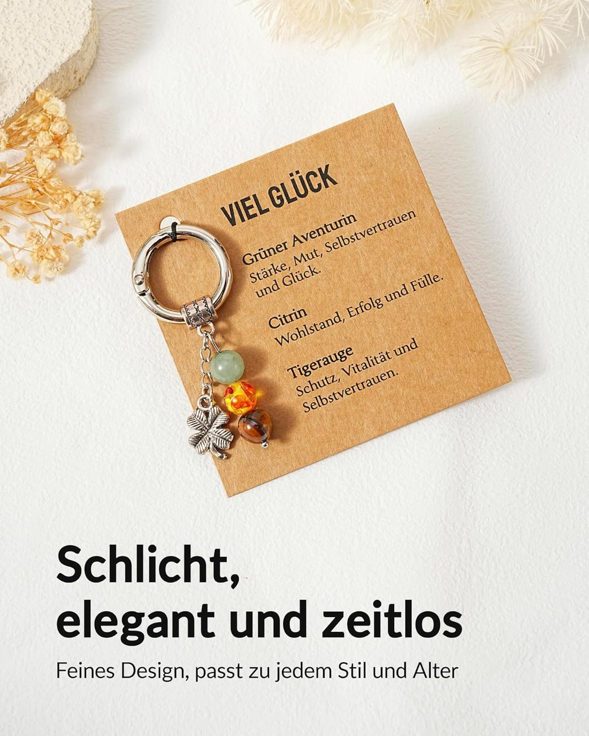 Detalle de Rebundex Schlüsselanhänger Damen – Glücksbringer mit Edelsteinen (Aventurin, Citrin, Tigerauge)