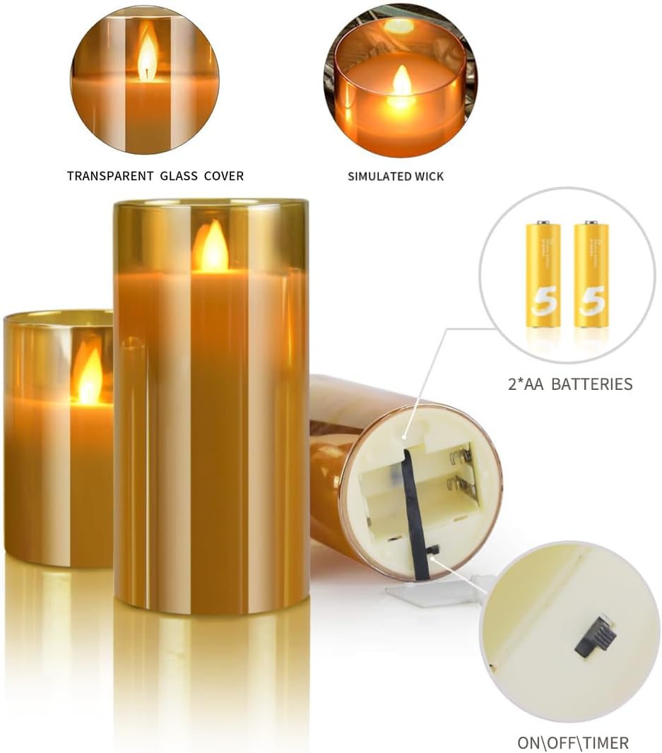 Thumbnail 1 de YMing battery-operated flameless LED candles set (gold glass pillar) with remote timer – realistic flicker wick flame mode