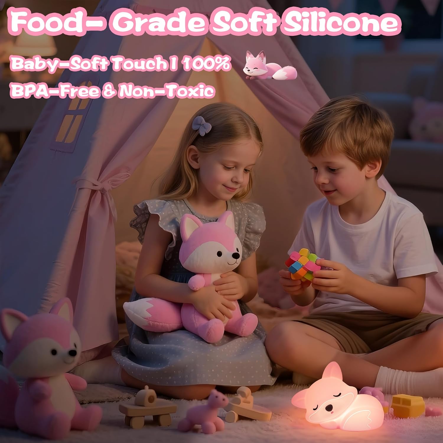 Thumbnail 3 de YuanDian Fuchs-Nachtlicht für Mädchen – weiche rosa Silikonlampe mit Touch, Timer und Akku