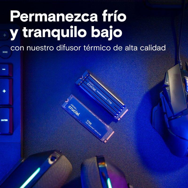 Detalle de Crucial T710 2TB: SSD M.2 NVMe PCIe 5.0 con disipador para alto rendimiento