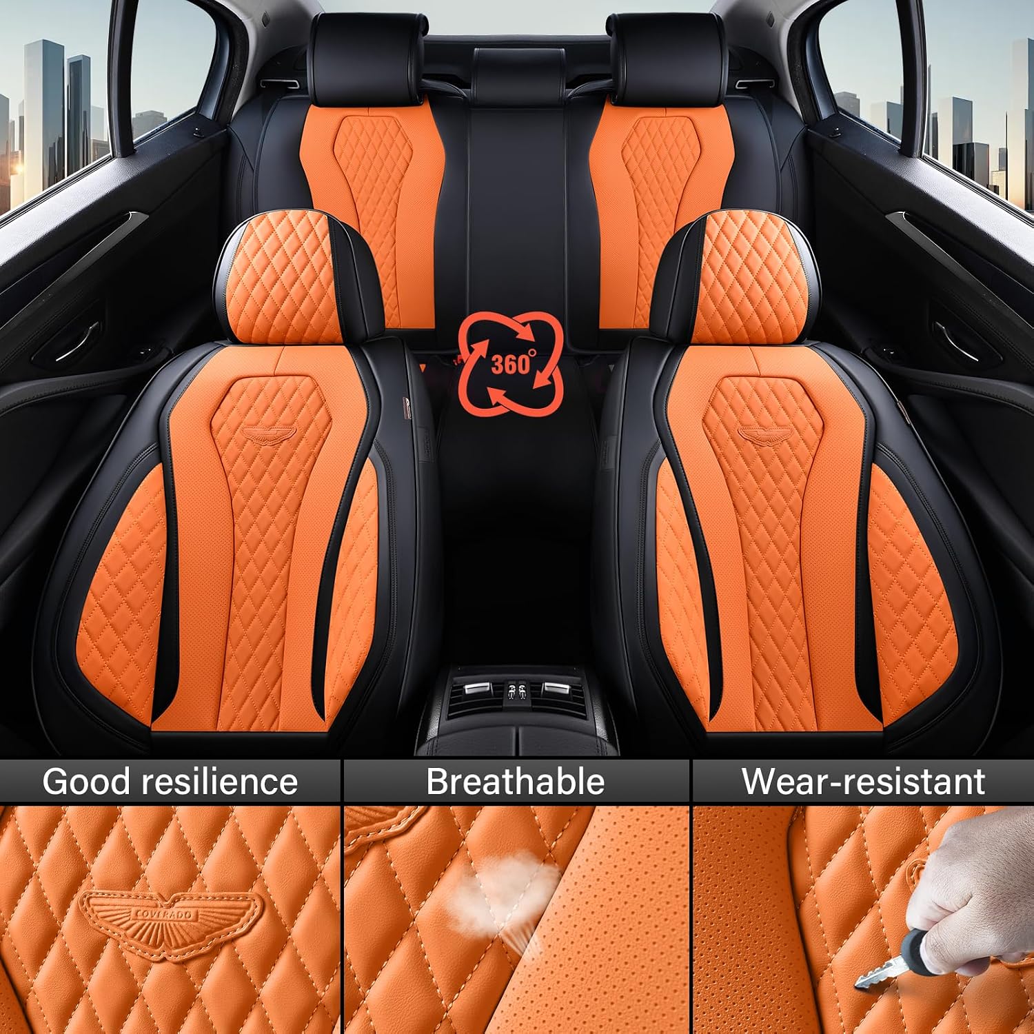 Detalle de Coverado Car Seat Covers: Front Seats, Orange, Waterproof, with Foam Padding