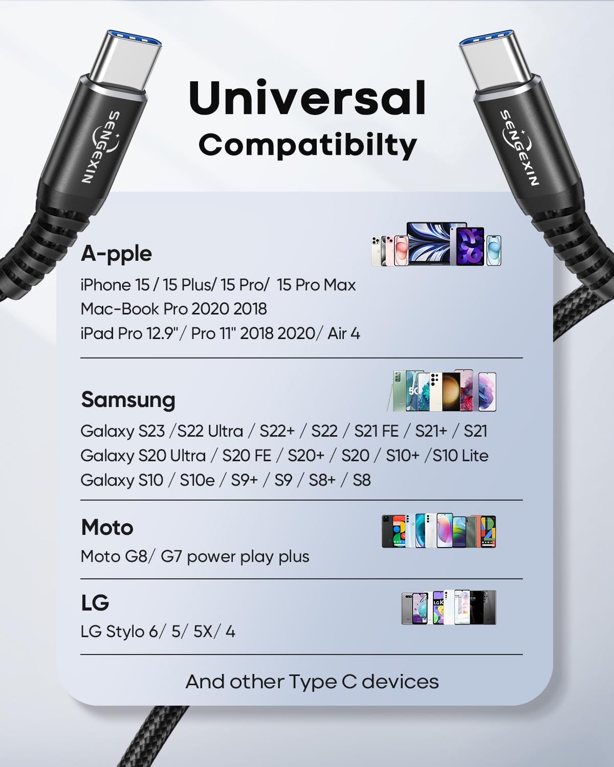 Detalle 2 de SENGEXIN 60W 2M USB-C to USB-C Charger Cable for iPhone 15 and More