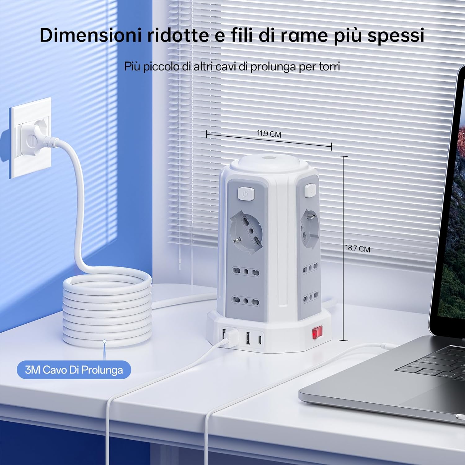 Thumbnail 3 de 3M Ciabatta Elettrica Multipresa con Luce Notturna: 12 prese IT/Schuko + 4 USB (A+C) e protezione avanzata