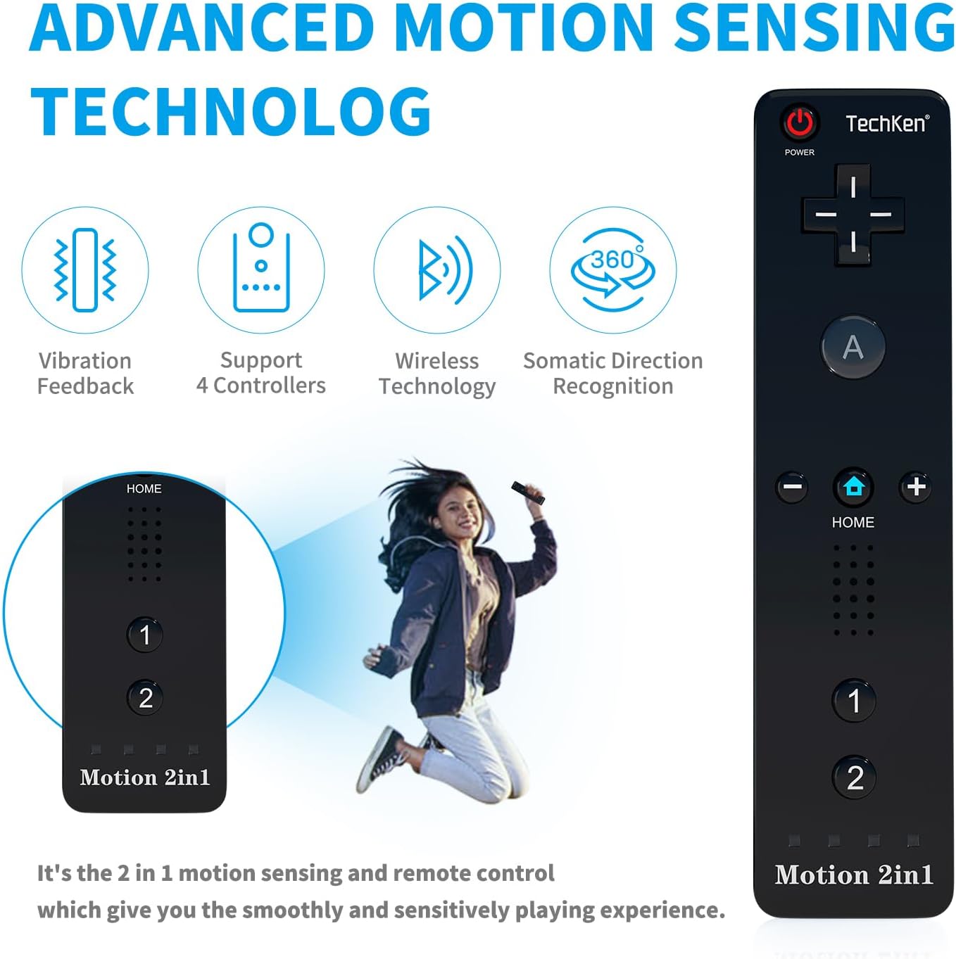 Thumbnail 3 de TechKen Wii Nunchuk Remote with Motion Plus (2 Sets) – Black