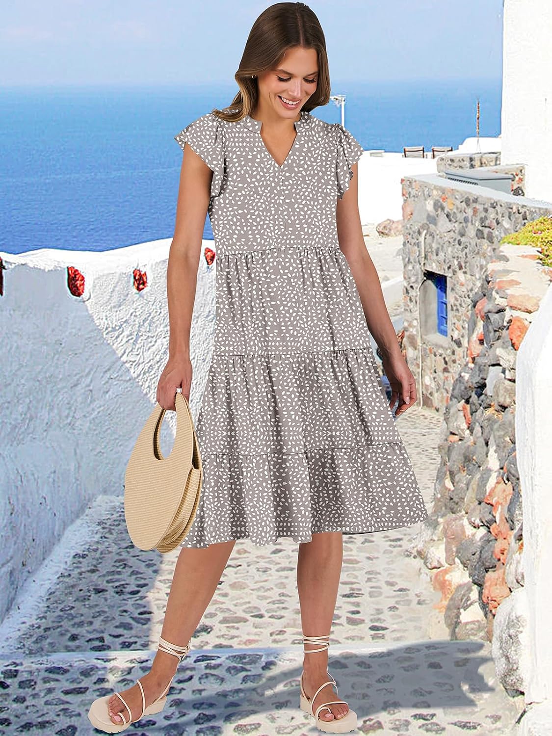 Thumbnail 4 de ANRABESS Women’s Summer Ruffle Sleeve V-Neck Tiered Midi Dress