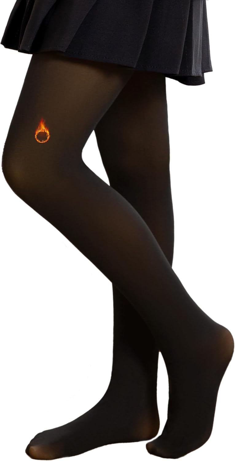 Detalle de Hiltzo Girls Fleece-Lined Winter Tights with Faux Sheer Look