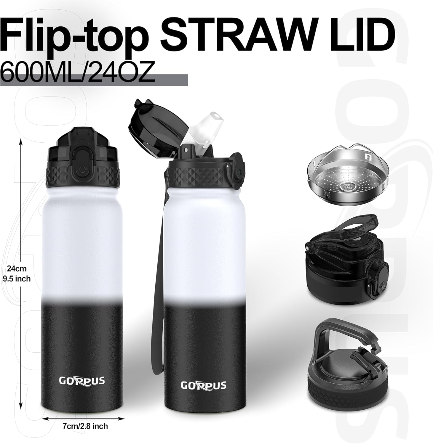 Detalle de GOPPUS 600ml/20oz Stainless Steel Water Bottle with Straw – Double Wall Insulation, Leakproof Flip Top Lid