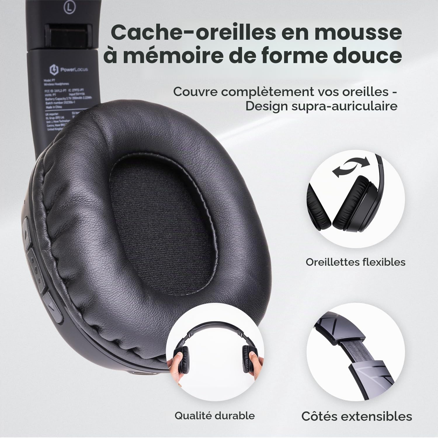 Thumbnail 4 de PowerLocus Casque Bluetooth sans Fil – 60 Heures d’autonomie, micro, pliable et confort sur l’oreille