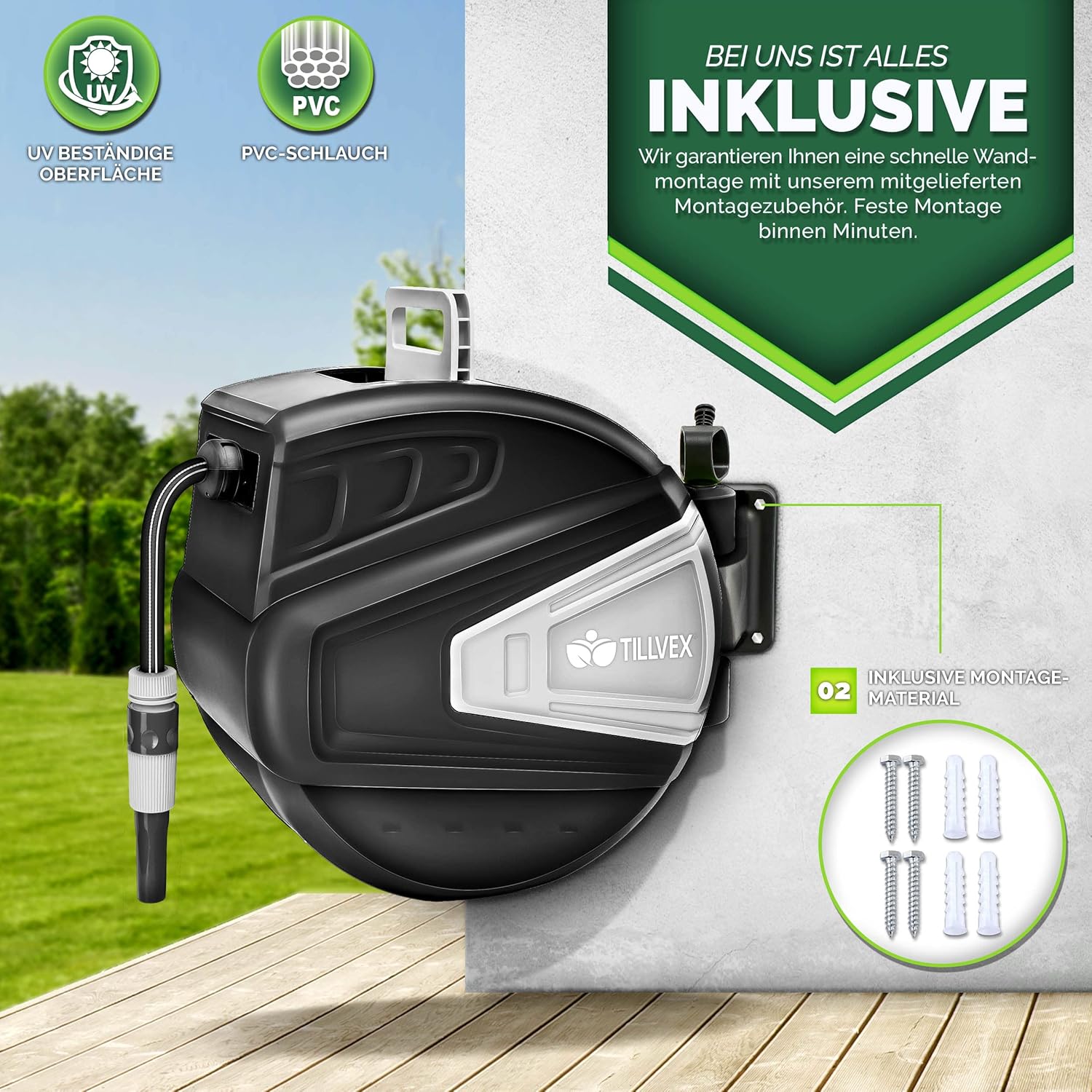 Thumbnail 5 de Avvolgitubo da Giardino 30+2m di tillvex: montaggio a parete, rotazione 180° e riavvolgimento automatico