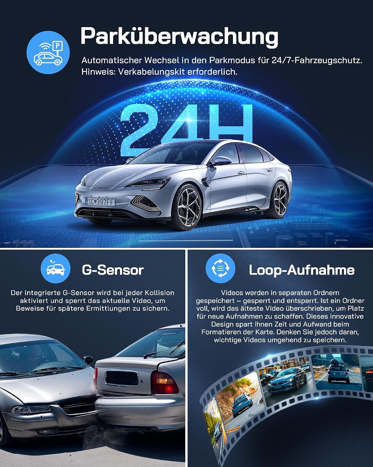 Detalle de WOLFANG 4K Dashcam Auto Vorne & Hinten – Dual‑Cam mit WLAN, 3" IPS Bildschirm, 170° Weitwinkel