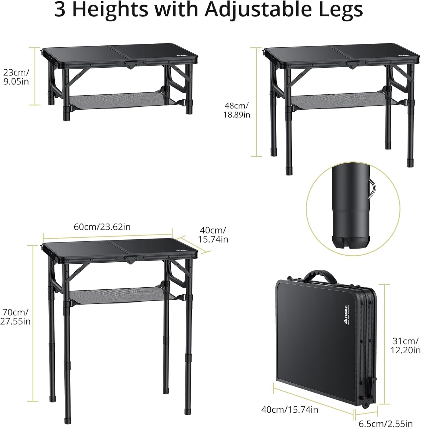 Thumbnail 2 de Anbte Folding Camping Table with Storage Net – 60x40 cm, 3-Height Aluminium Desk