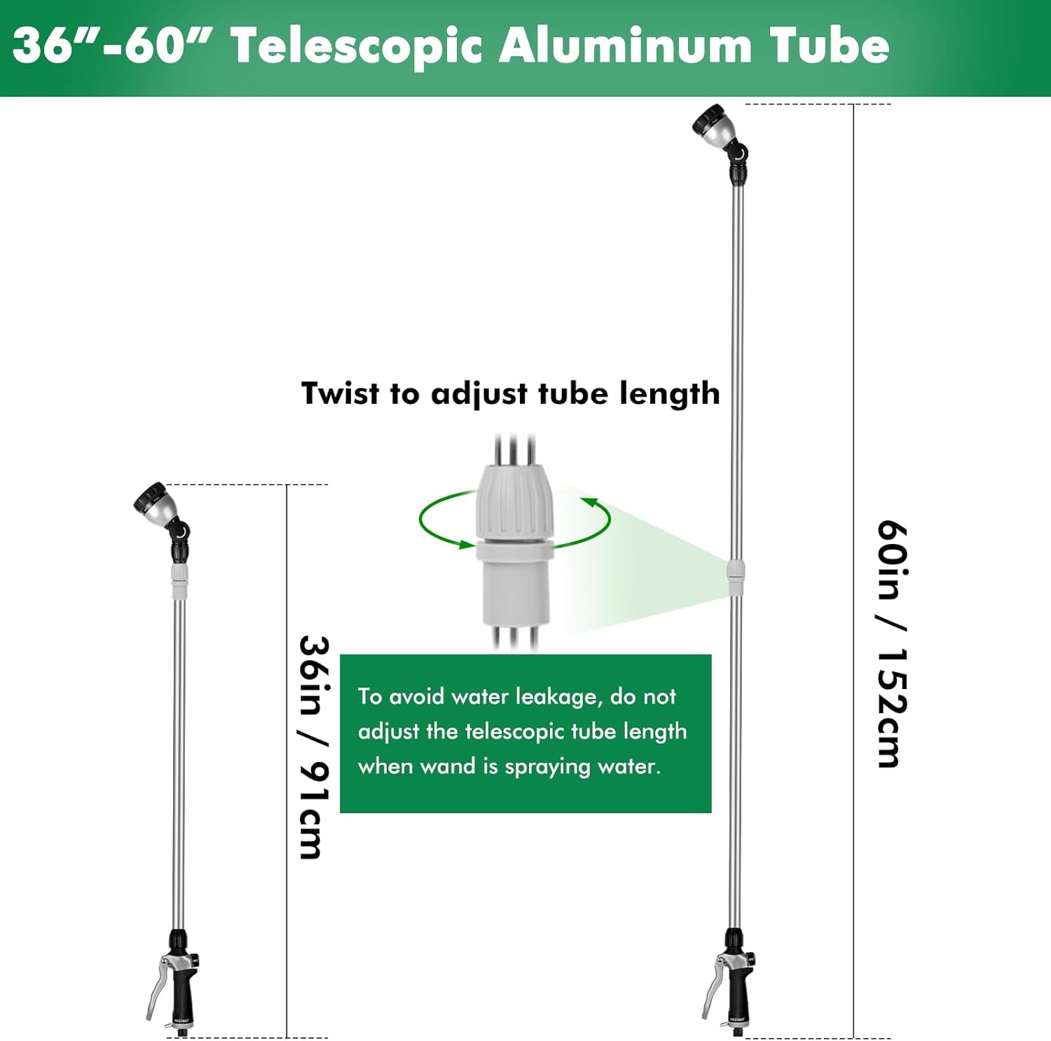 Thumbnail 1 de RESTMO 91–152 cm telescopic metal watering wand with 180° ratcheting head and 7 spray patterns