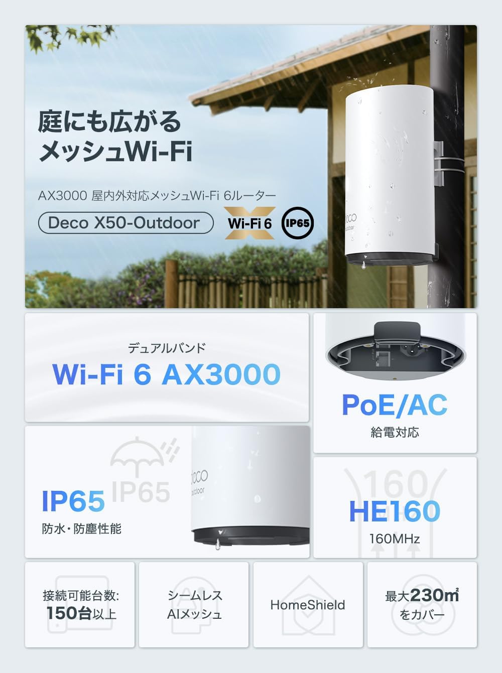 Detalle 2 de TP-Link Deco X50-Outdoor 屋外用メッシュWi-Fi 6ルーター IP65・AX3000・PoE対応