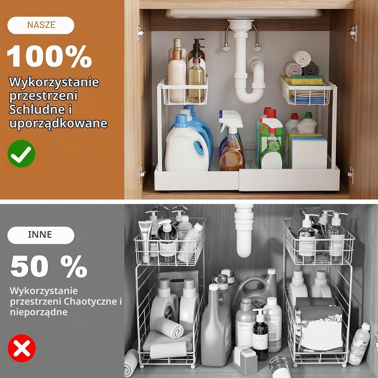 Detalle 1 de Sampoes GKMB0054 – metalowy organizer pod zlew, 2 poziomy i wysuwana szuflada