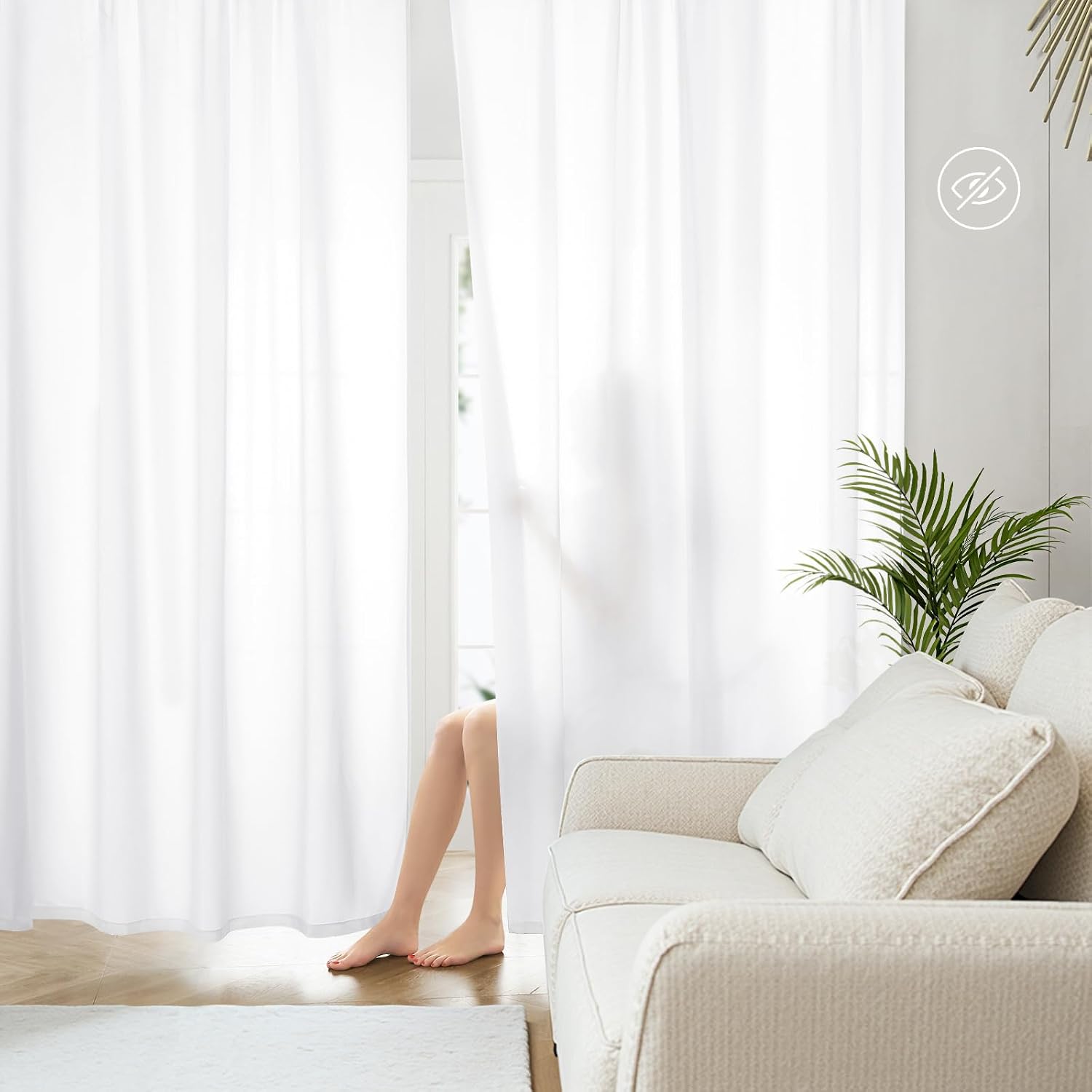 Detalle de HOMEIDEAS White Privacy Sheer Curtains, 2 Panels, 52 x 45 Inches, Light-Filtering