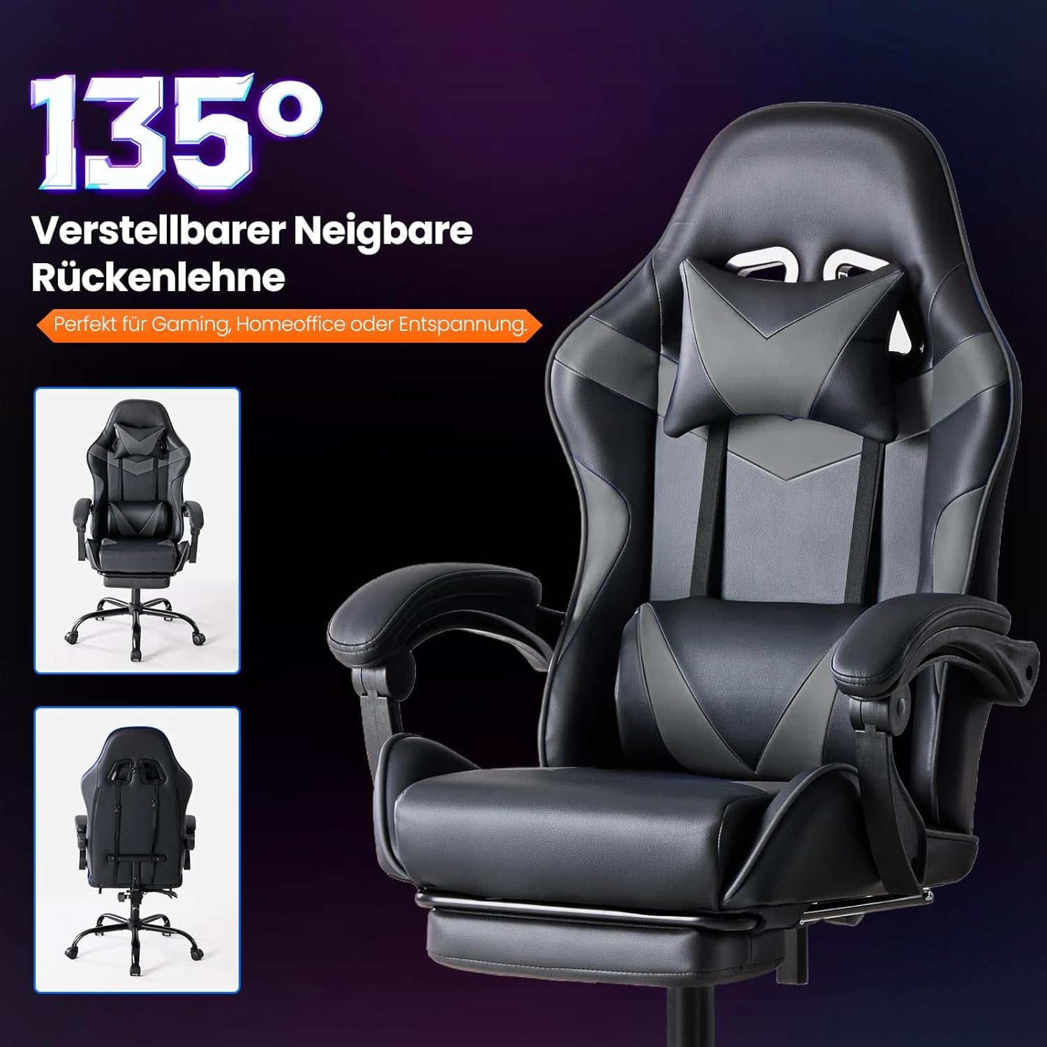 Thumbnail 4 de Sweetcrispy Gaming Stuhl – Ergonomischer Bürostuhl mit Fußstütze, Kopfstütze und Lendenwirbelstütze