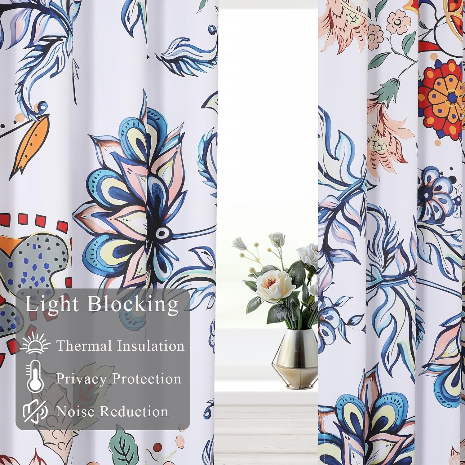 Detalle de VEHEDE Floral Room Darkening Curtains - Boho Blue Flower, 2 Panels, 52 x 84 inches