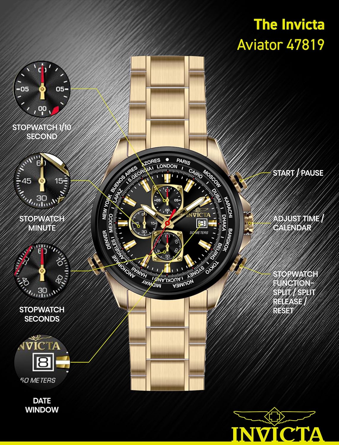 Thumbnail 3 de Invicta Aviator 47819 : montre homme à quartz en acier inoxydable, boîtier 50 mm