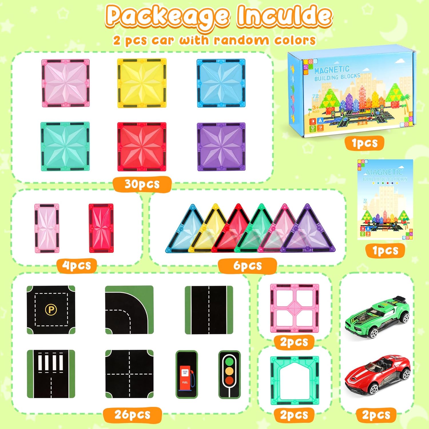 Thumbnail 6 de Perbabe 72 pezzi Costruzioni Magnetiche – Set educativo di strade e auto per bambini 3–8 anni