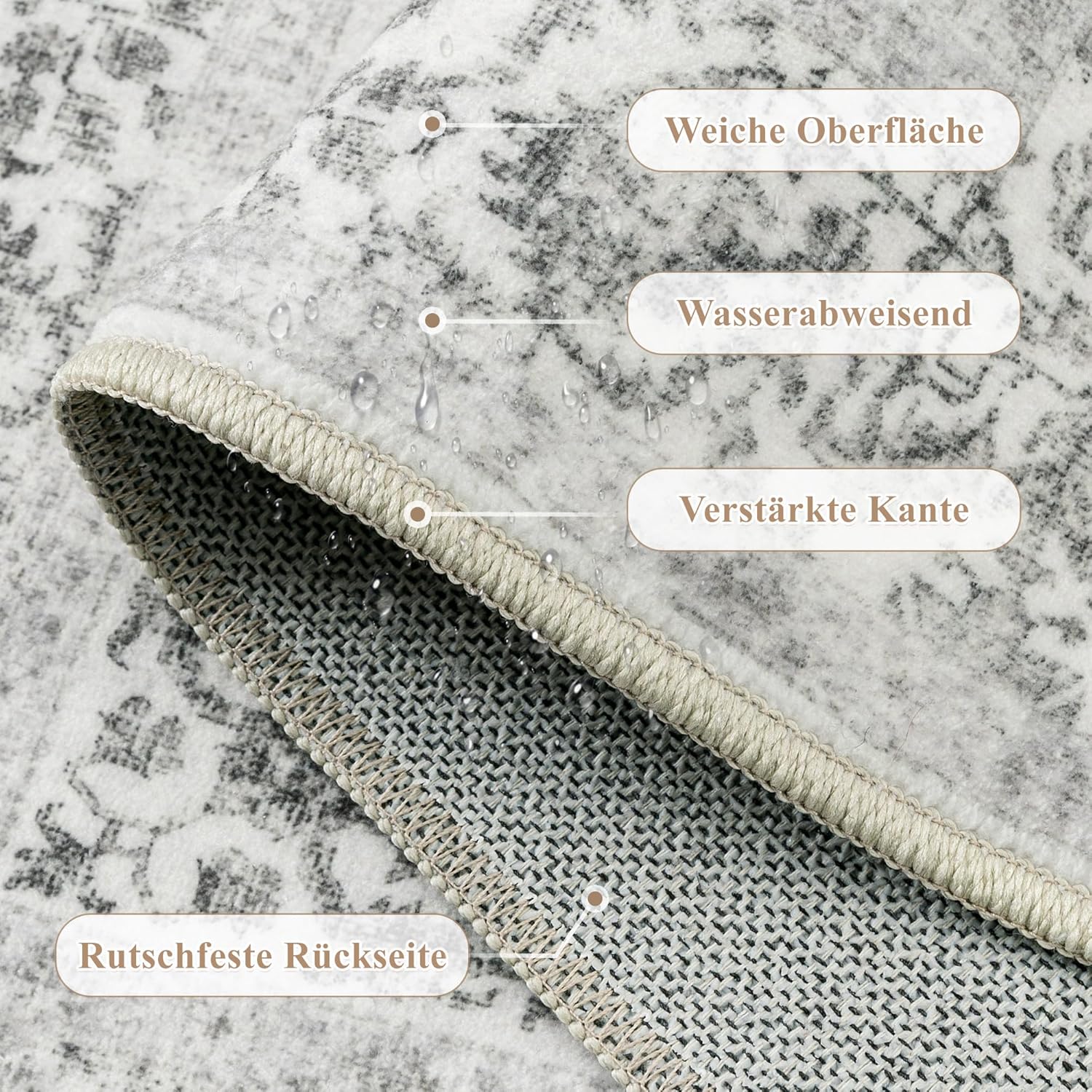 Detalle de HUGEAR Vintage Black Rug 240x300cm — Non-Slip, Washable Area Carpet for Living Rooms & More