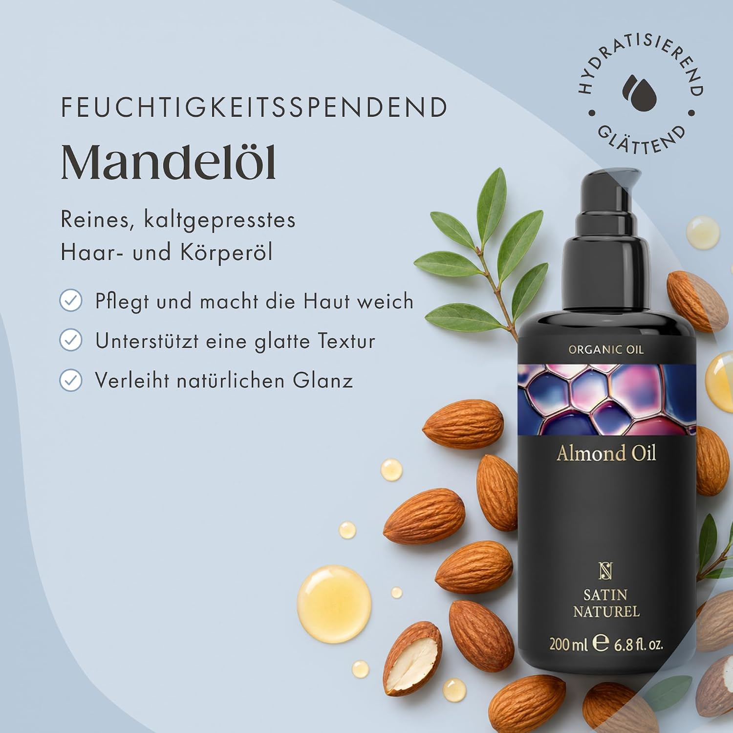 Detalle 2 de Satin Naturel Bio Mandelöl kaltgepresst 200 ml – Haar- und Babyöl