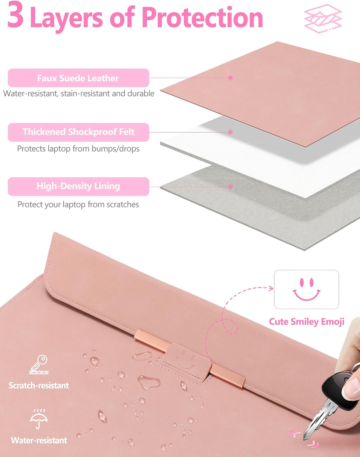 Detalle de HYZUO 15 Zoll Laptop-Hülle mit Ständer und Zubehörtasche (rosa, Smiley)