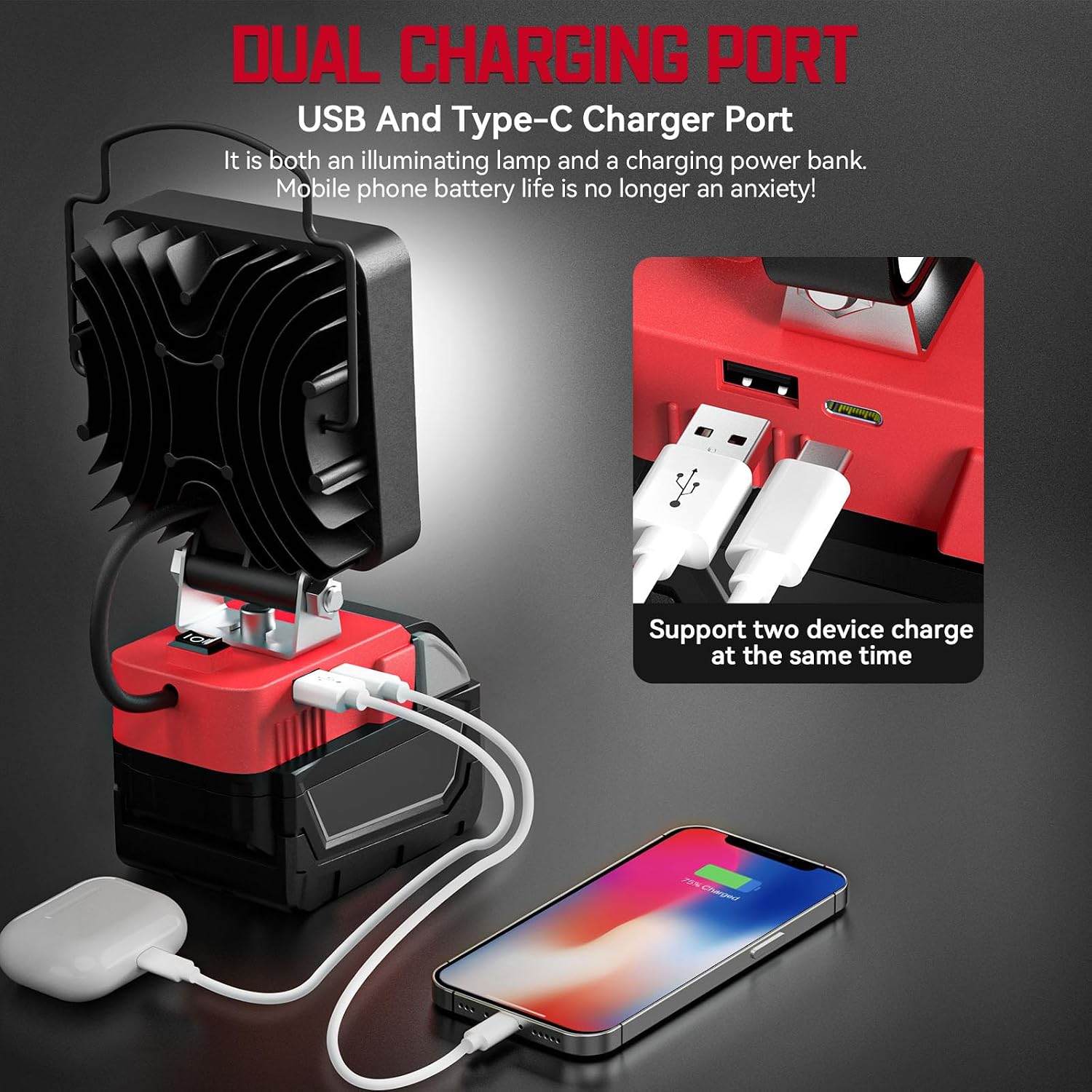 Detalle de Lampada LED Ricaricabile LIVOWALNY 48W 4800LM per batterie Milwaukee 18V con doppio interruttore (USB-C/Type-C, senza batteria)
