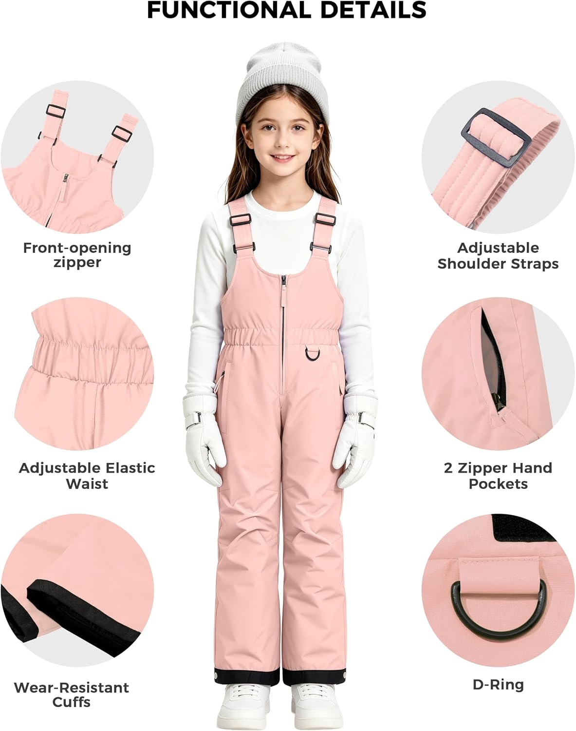 Detalle de Wantdo QT005 Girls’ Insulated Ski Bib Pants, 10,000 mm Waterproofing