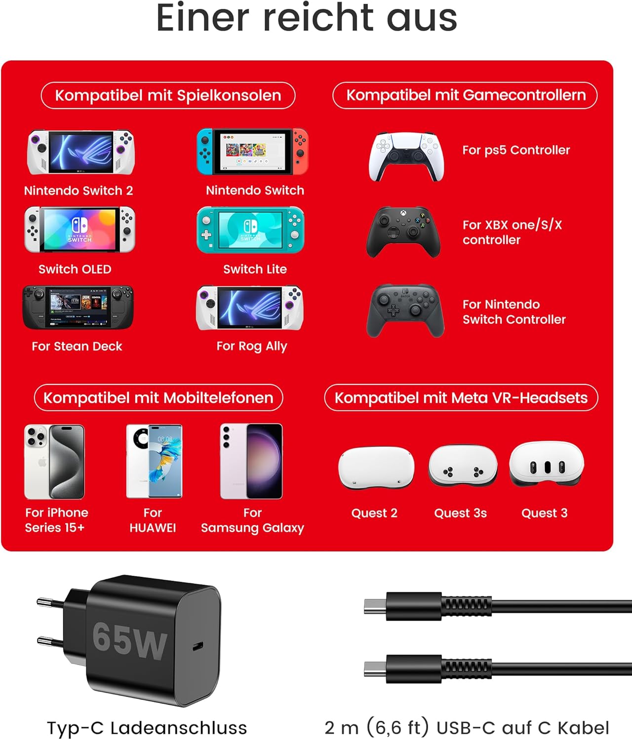 Thumbnail 4 de HELLCOOL 65W Switch 2-Netzteil mit 2 m GaN 3.0 USB‑C Kabel – PD3.0 Schnellladen, 4K Docking-Modus