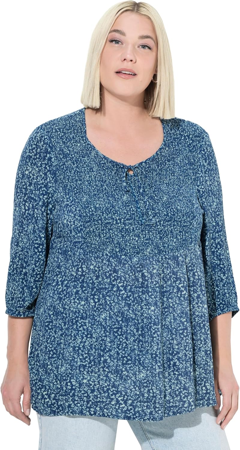 Detalle de Ulla Popken Smokbluse für Damen in großen Größen – Punkte, A-Linie, Rundhals, 3/4-Arm (830258)