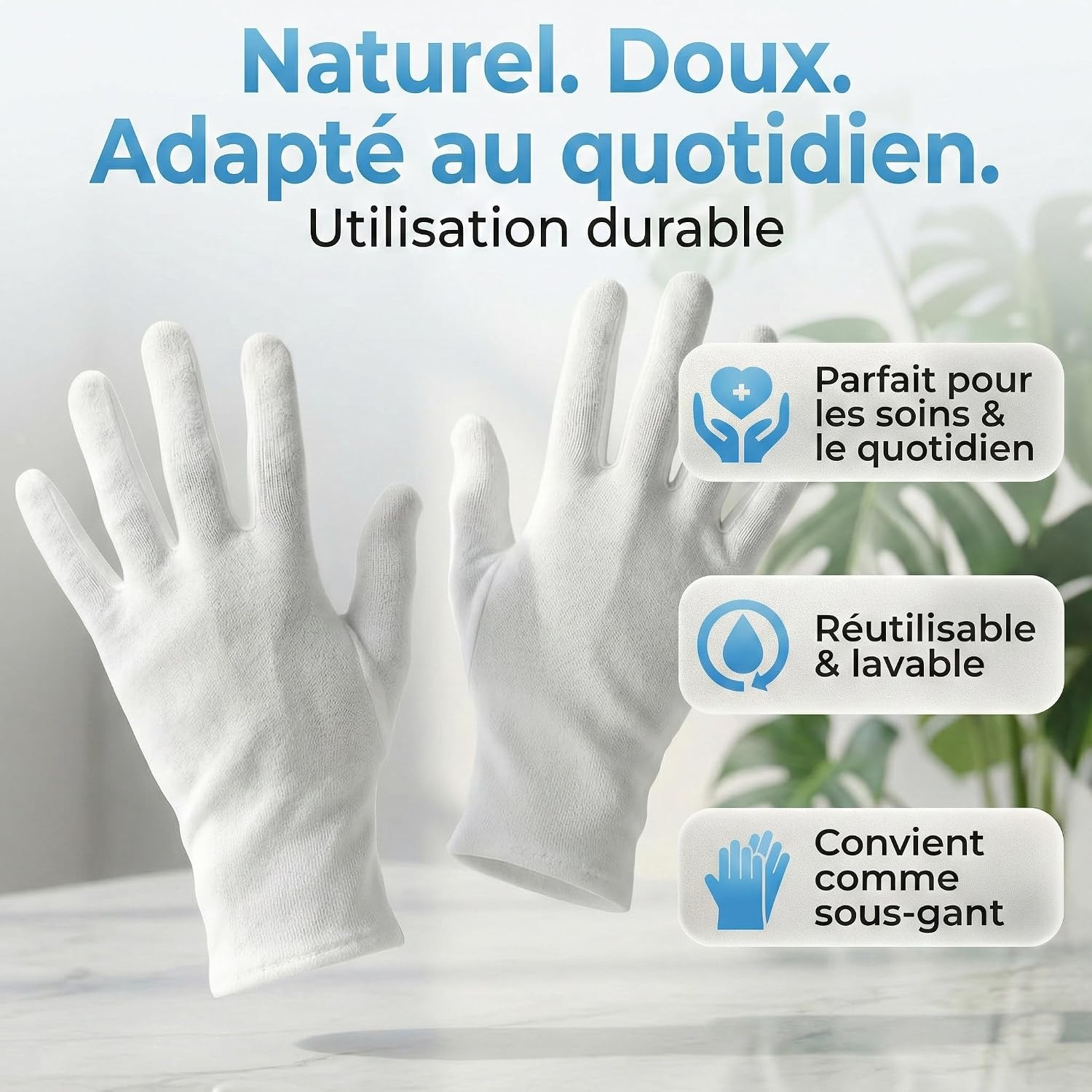 Detalle de Gants en coton blancs (Dermatest: Excellent) – pour soins nocturnes et peaux sensibles