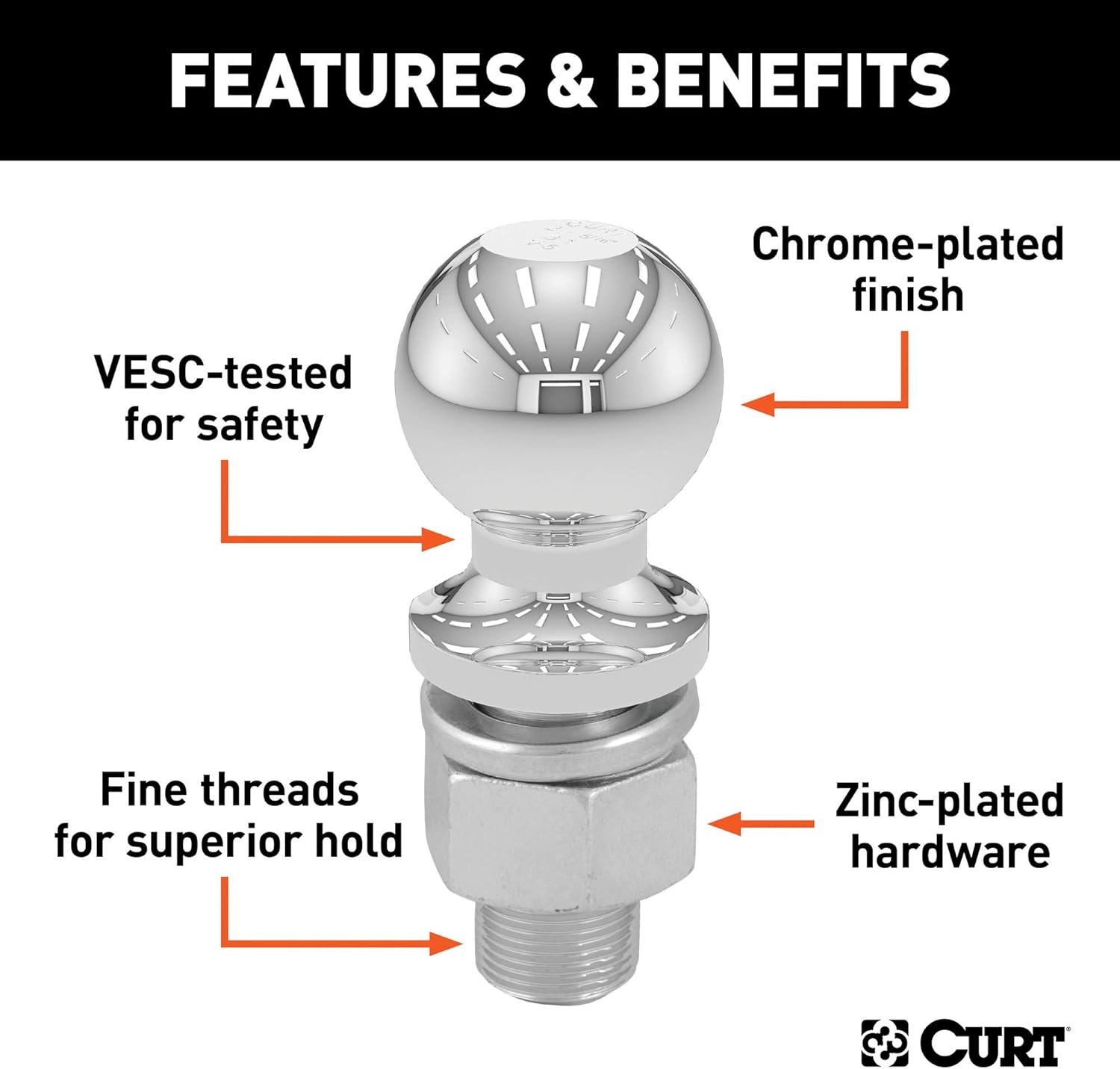 Thumbnail 2 de CURT 40097 Chrome ATV/UTV/Lawn Tractor Hitch Ball (2,000 lbs, 2-Inch Ball, 5/8 x 1-3/4 Shank)