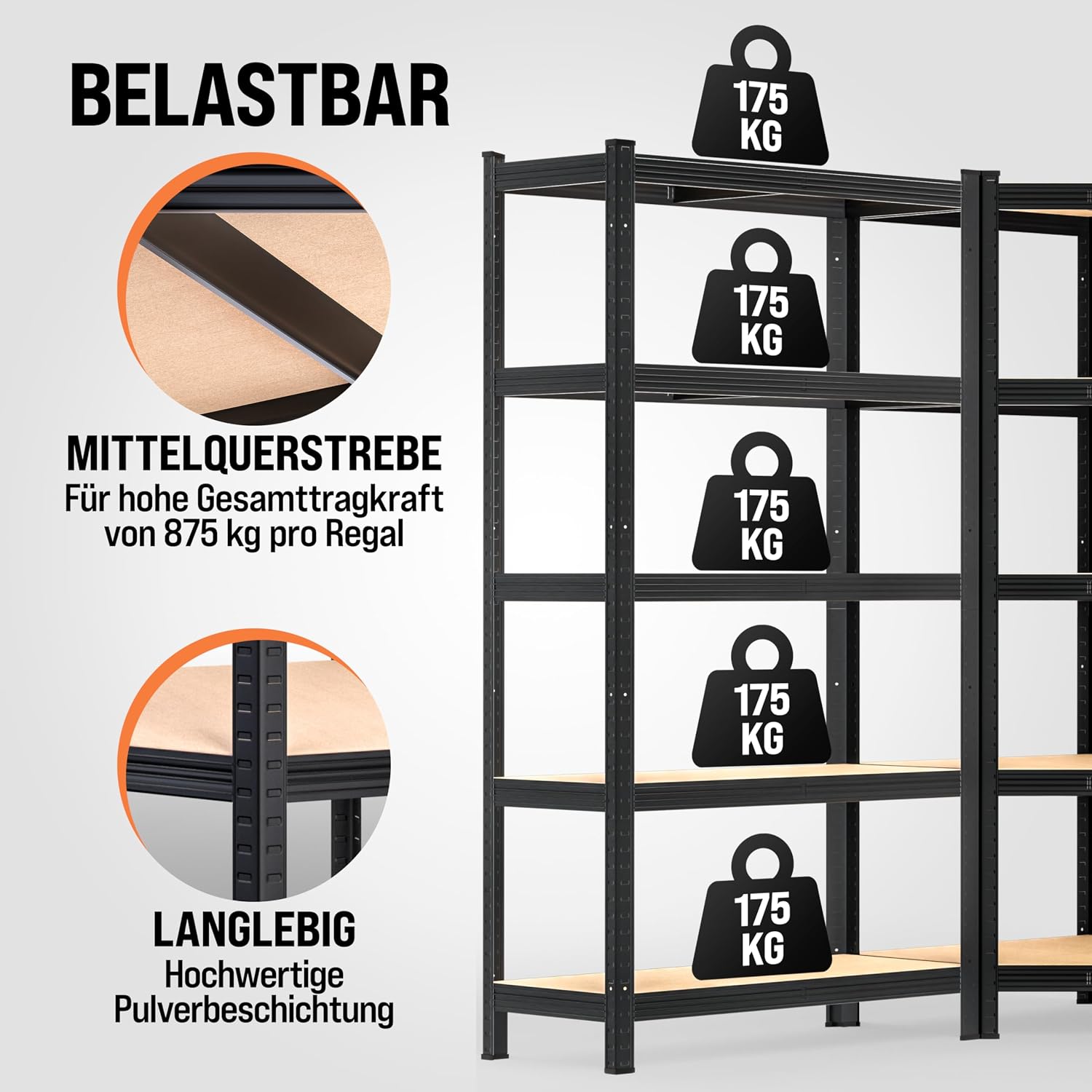 Thumbnail 3 de Monzana 3er Set Schwerlastregal Eckregal (2625 kg) mit MDF-Platten, schwarz – modular & steckbar
