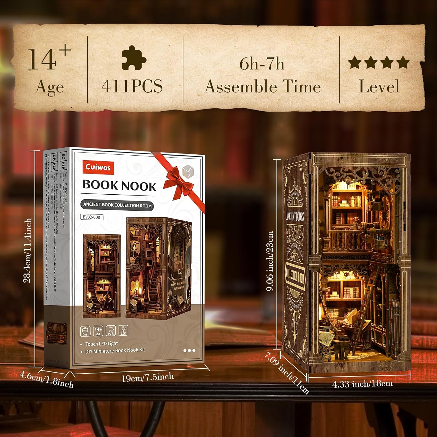 Detalle 2 de Book Nook Kit (Classic Edition): DIY Miniature Wooden Puzzle with LED Bookend