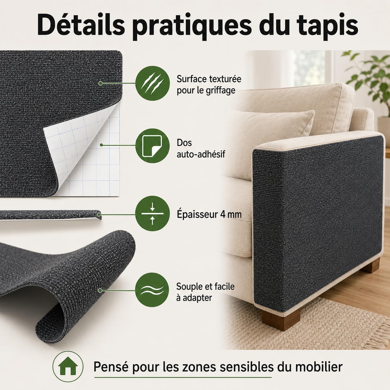 Thumbnail 5 de Protection Canapé Chat Anti Griffes – Tapis griffoir 200 x 40 cm découpable, auto-adhésif et résistant en fibre polyester (Gris)