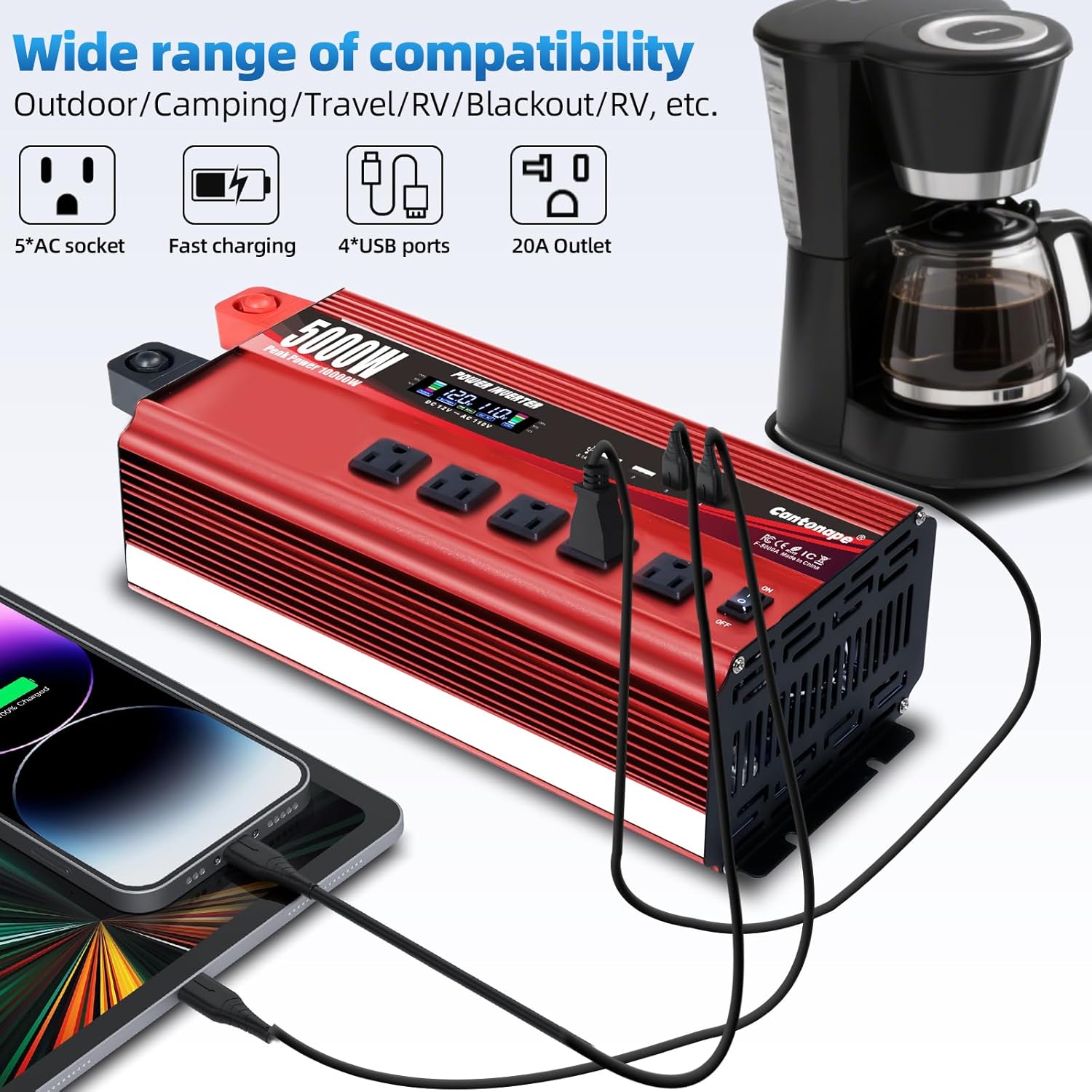 Thumbnail 1 de Cantonape 5000W Power Inverter: 12V DC to 110/120V AC with LCD, Remote, 5 AC Outlets and 4 USB, rugged for vehicles and solar