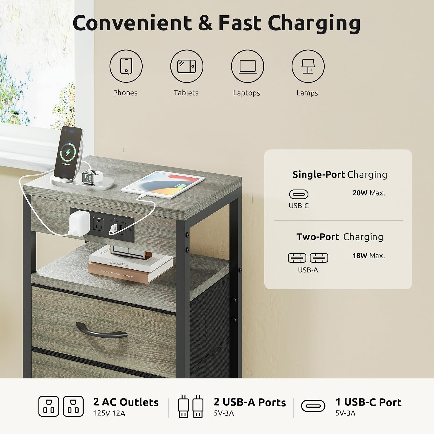 Thumbnail 3 de Lazzanto NightStand Bedside Charging Table with USB-C, USB Ports, and 2 Outlets
