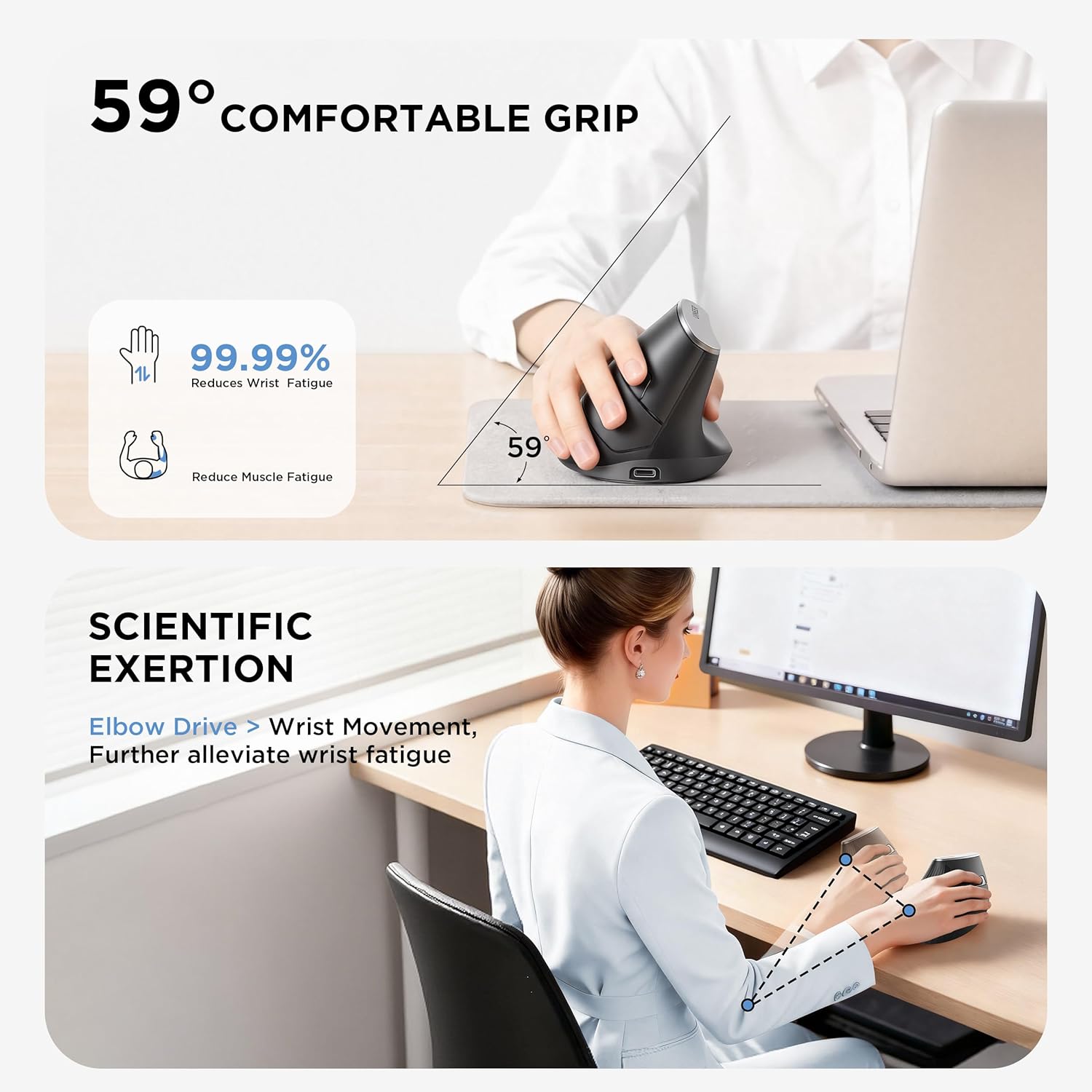 Detalle de Ergonomic Wireless Vertical Mouse with 2.4G Receiver, 2400 DPI, USB A, Rechargeable Battery