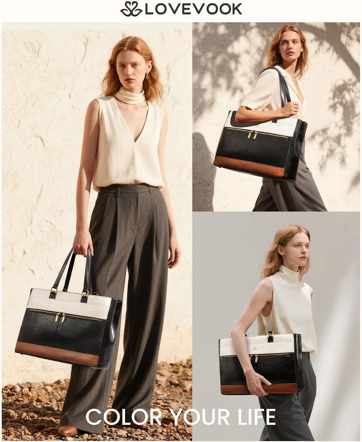 Thumbnail 1 de LOVEVOOK 17.3 Inch Laptop Tote for Women: Vintage Leather-Style Work Bag with Structured Compartments