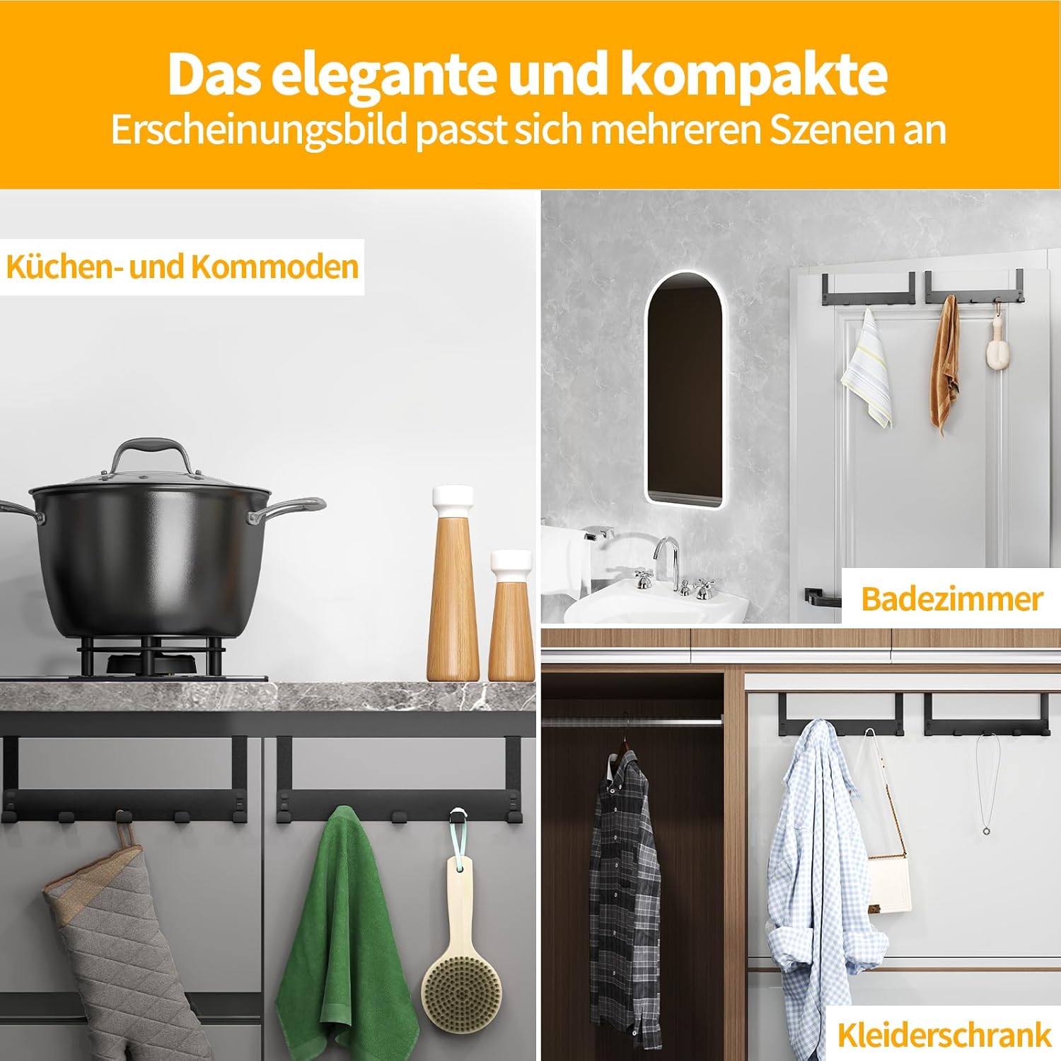 Detalle de Gypie Türhaken zum Einhängen (2 Stück) aus mattem Schwarz, mit 6 Haken pro Set