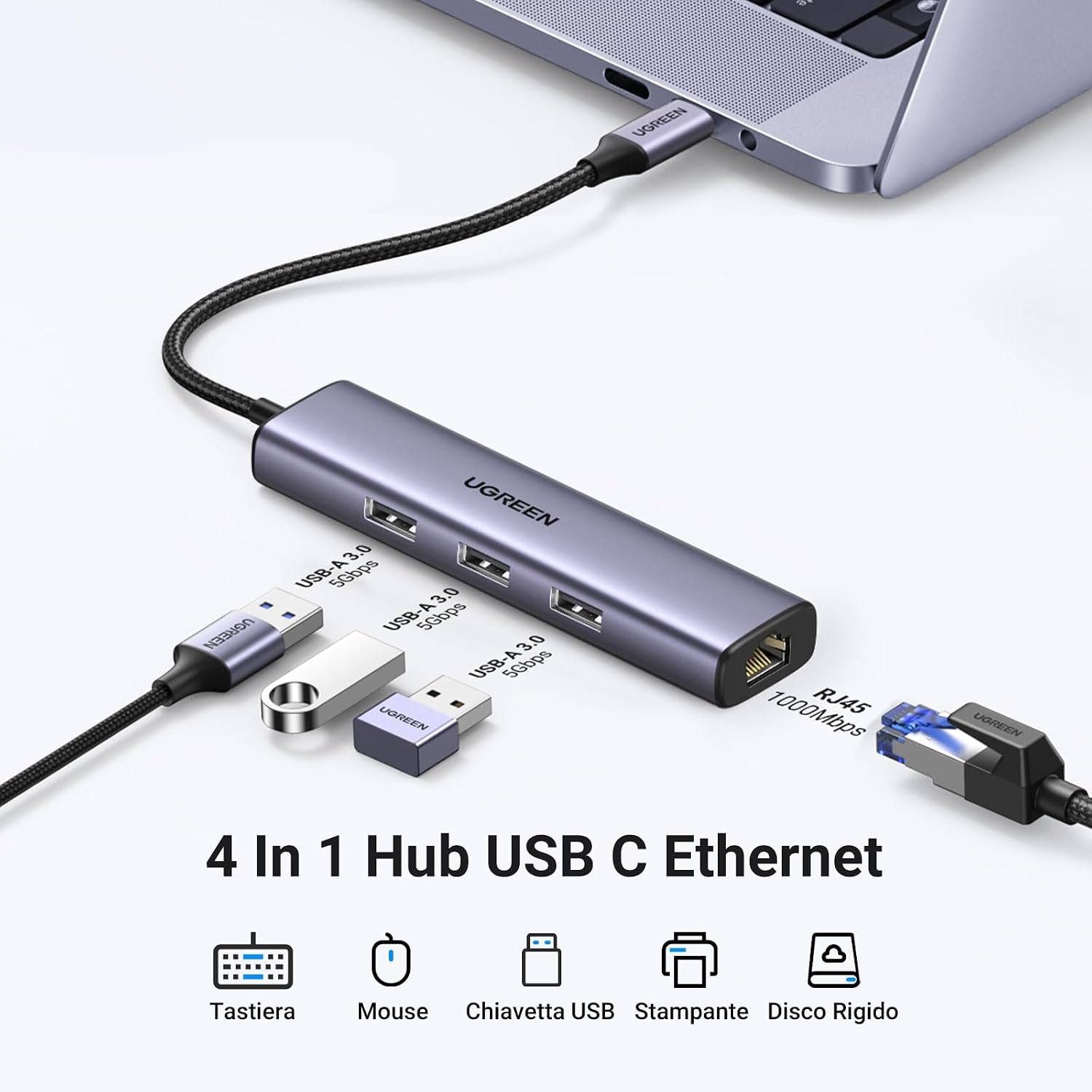 Detalle de UGREEN Hub USB C Ethernet 4-in-1: Ethernet Gigabit + 3 porte USB-A per MacBook, iPhone e dispositivi Android